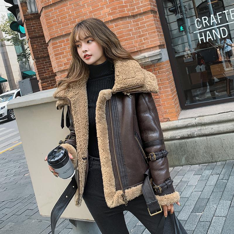 

Women's Leather & Faux Motorcycle Lamb Fur Shearling Coat Women Winter Sheepskin Jacket Woman Double Collar Brown Outdoor Real, Black