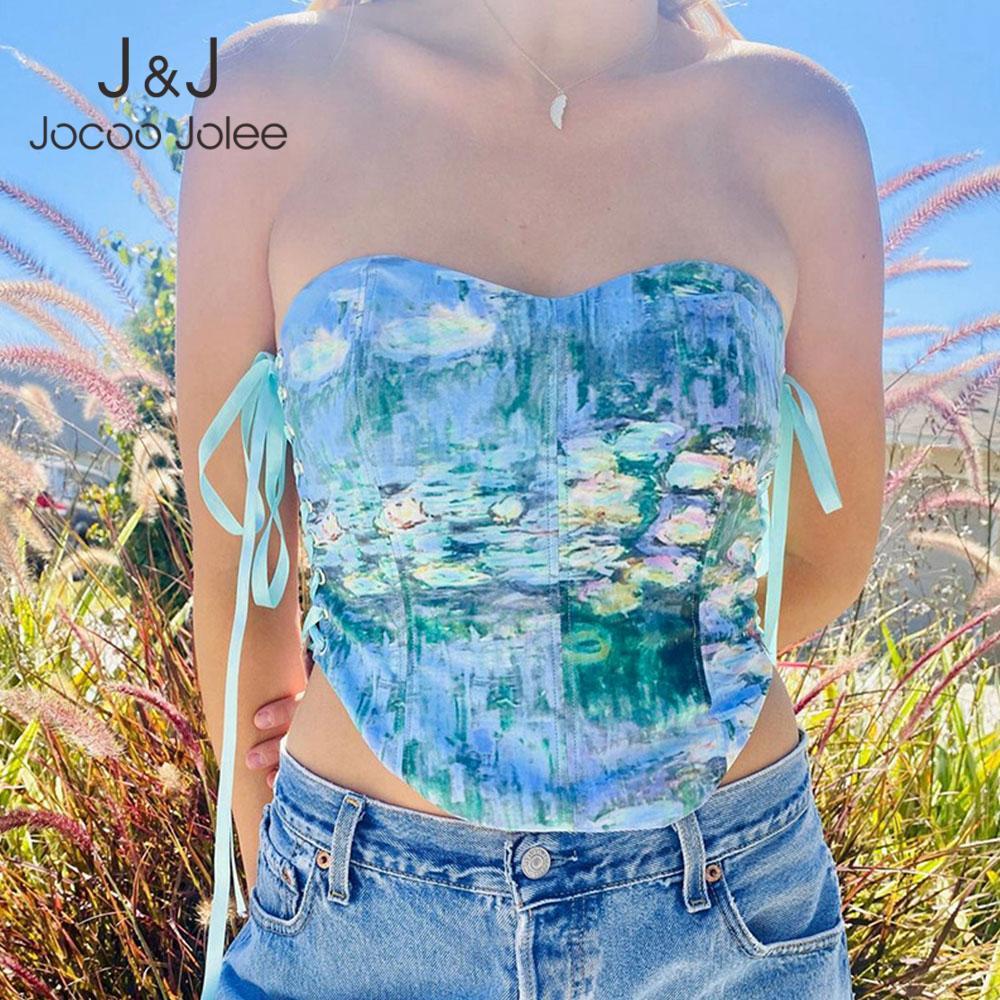 

Jocoo Jolee Women Y2K Side Straps Printing Summer Bow Sexy Corset Tank Top Streetwear Party Club Elegant Vintage Tube Top 210518, Blue
