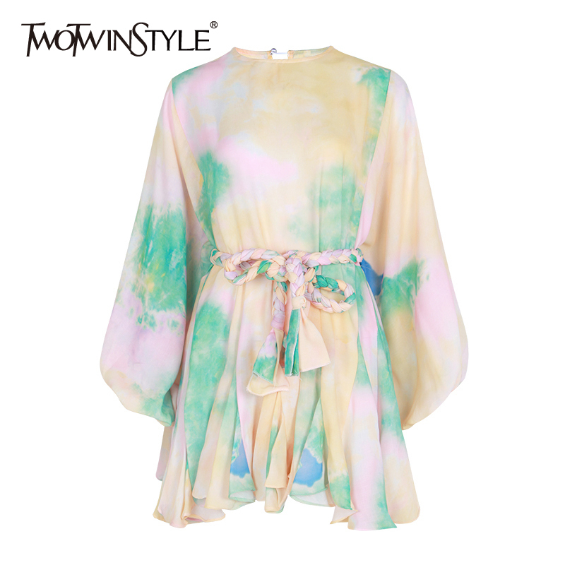 

TWOTWINSTYLE Hit Color Print Dresses Women Long Sleeve O Neck High Waist Lace Up Female Dress Spring Casual Fashion 2021 Tide, Beige