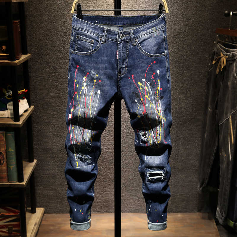 

European American Street Fashion Men Jeans Retro Blue Elastic Slim Ripped Paint Splashed Designer Hip Hop Denim Pants, Retro dark blue