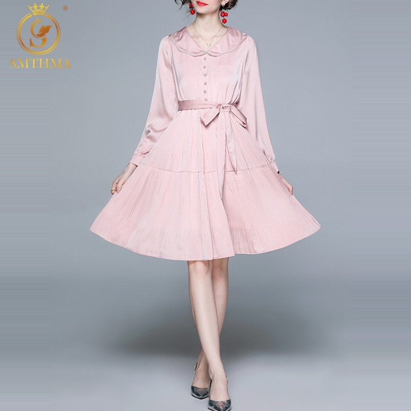 

Spring Women's Slim Knee-Length Design Pleated Pink Dresses Female Long Sleeve Tie Up Elegant Vestidos 210520, Photo color