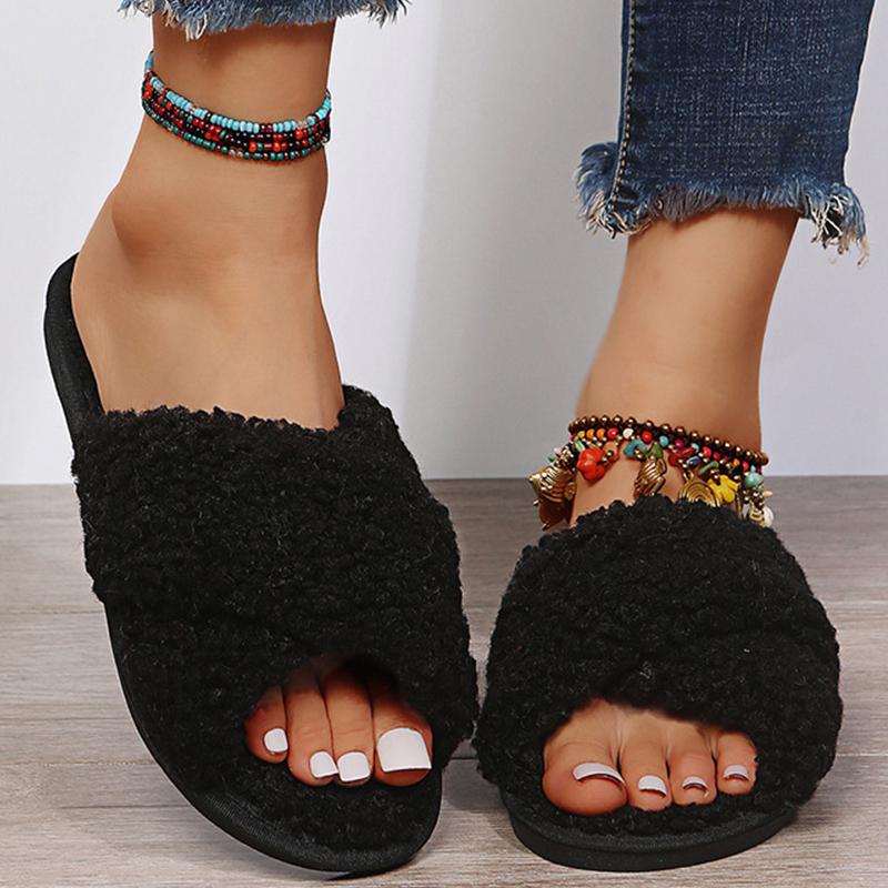 

Slippers Women Home Cute For Non-Slip Indoor Casual Shoes Woman Furry Slides Breathable Female Footwear, Black