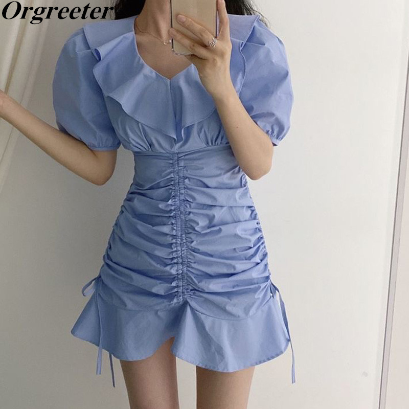 

Chic Fold DesignPuff sleeve V-neck Slim Solid White/Blue Shirt Dress Female Summer Ruffled Patchwork Mini Mermaid 210525