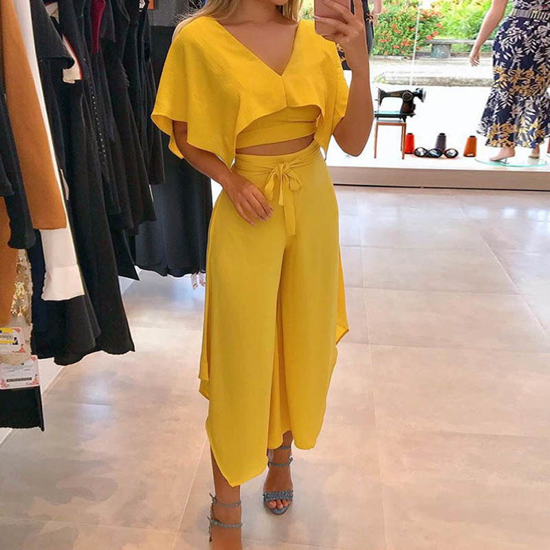 

Solid Knotted Ruffles Draped Sexy Fashion 2 Piece Set Women Buttfly Sleeve V Neck Straight Slim Loose Two Piece Outfits Women 210521, Yellow