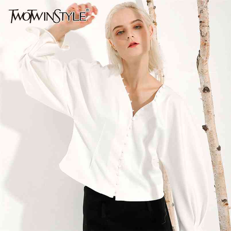 

Elegant Black Blouse For Female V Neck Lantern Long Sleeve Casual Korean Shirt Women Fashion Clothing Spring 210524, White