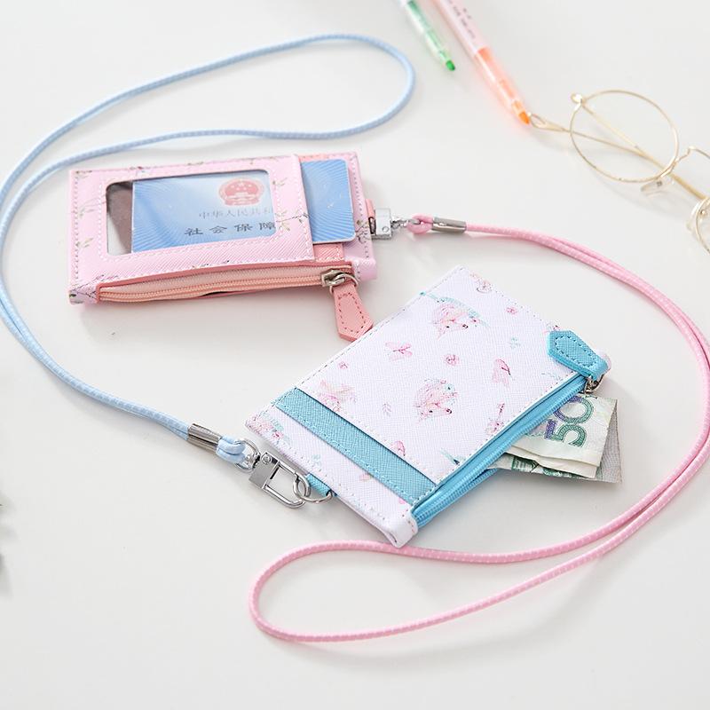 

Card Holders Women Floral Holder Wallet With Neck Strap Lanyard Badge PU Leather Bank ID Case Purse Bag, Random color 1pcs