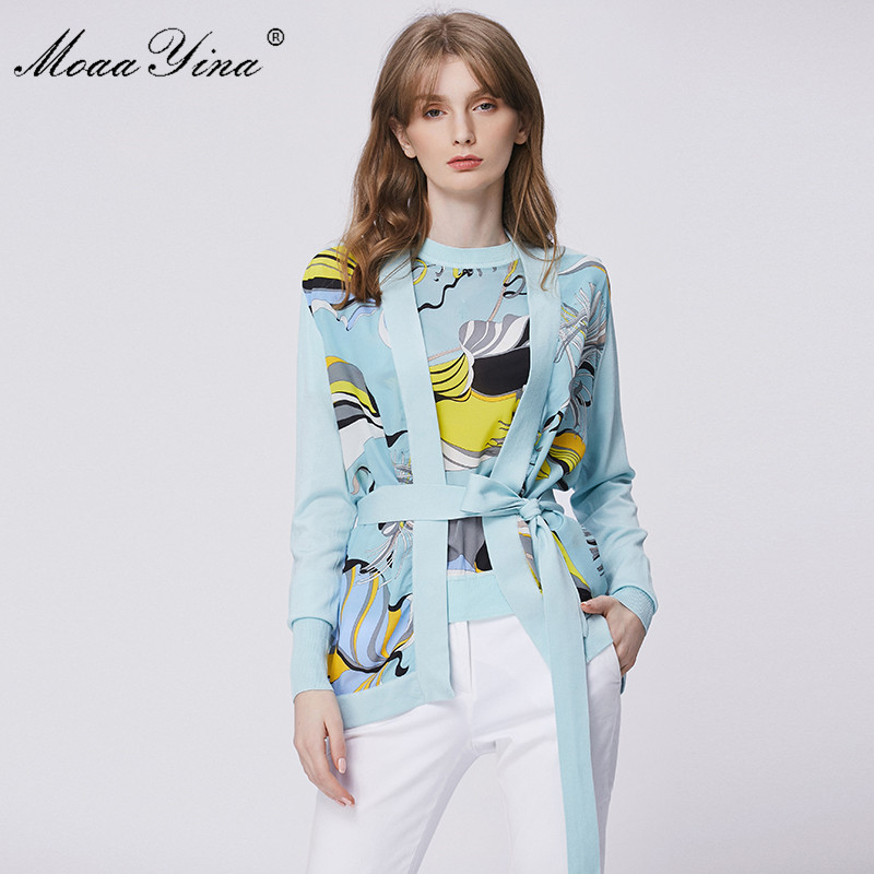 

Spring Fashion Long sleeve Knitting Tops Women's Elegant Print Lace up Cardigans Silk Patchwork Wool Sweater Coat 210524, Sky blue