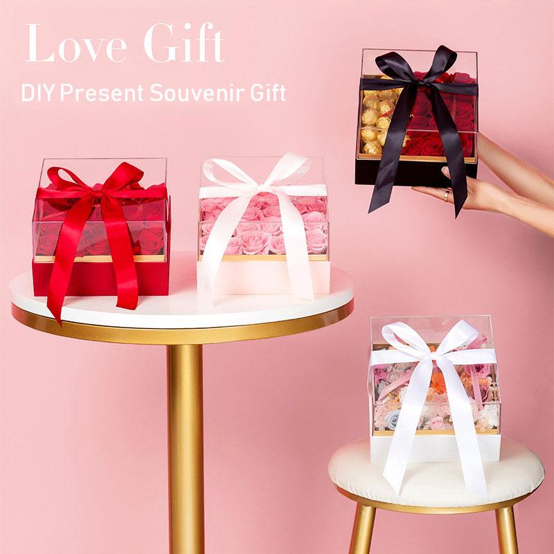

Gift Wrap Square Acrylic Box With Ribbon Transparent Bouquet Fresh Flower Packaging DIY Present Souvenir Gifts