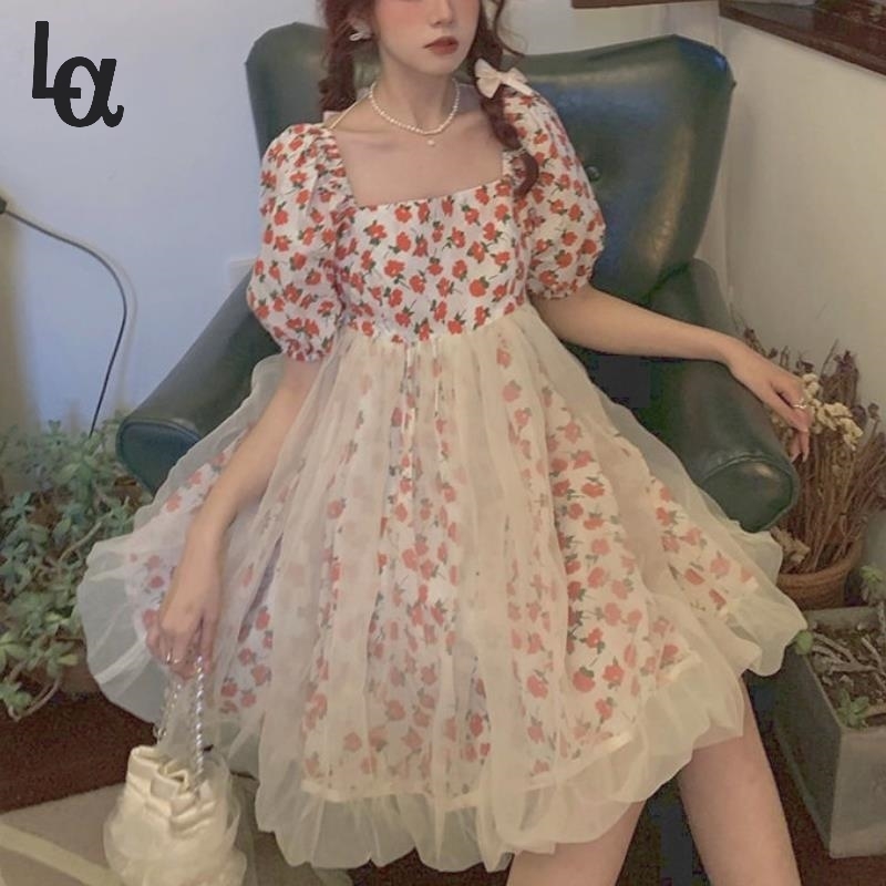 

Summer Kawaii Floral Dress Women Vintage Sweet Cute Fairy Printing Japanese Pretty Princess Puff Sleeve 210519, As picture