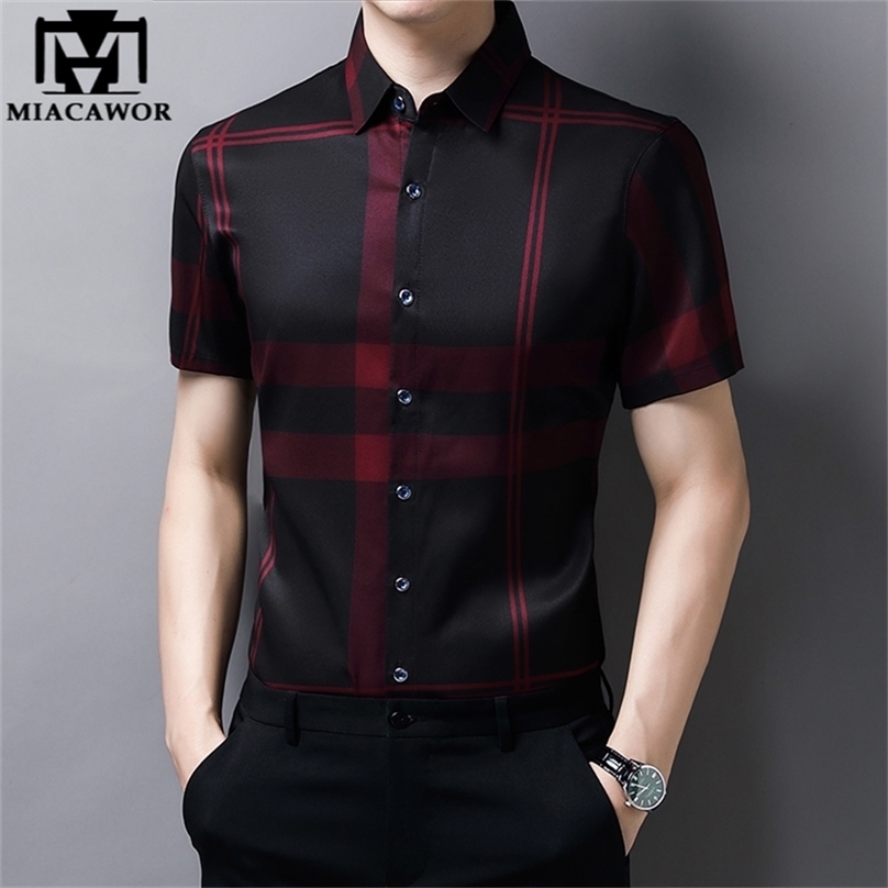 

Plaid Shirt Men High Quality Silk Summer Short sleeve Casual Shirts Slim Fit Camisa Masculina Drop C748 220301, Gray