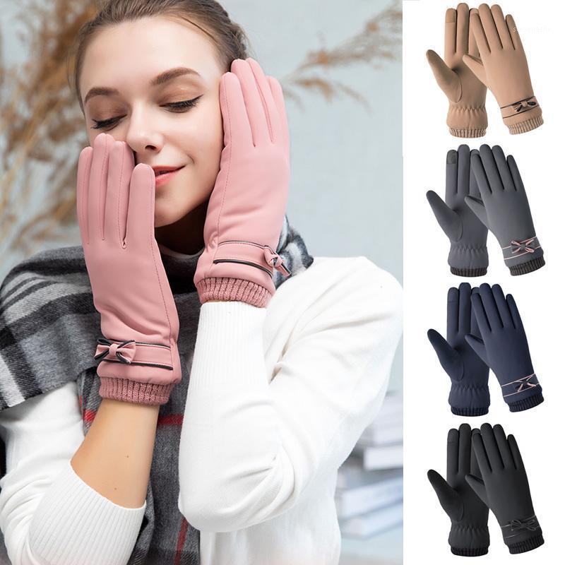 

Five Fingers Gloves Winter Women With Bow Waterproof Lady Mittens Windproof Internal Plush Warm Touch Screen Cycling Driving