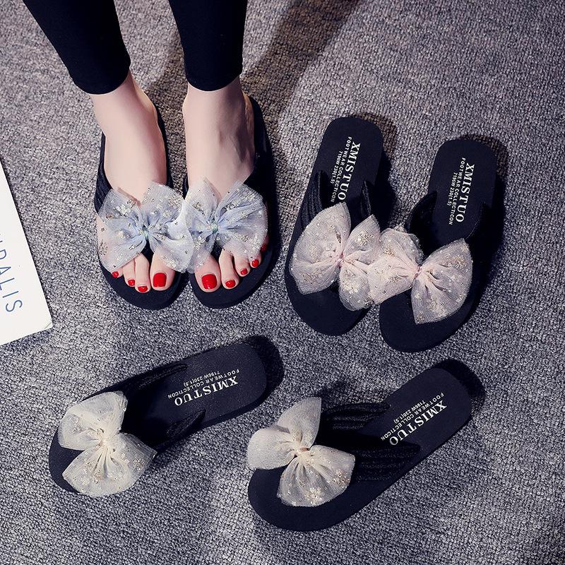 

Non-Slip Woman Beach Shoes Lace Up Bowknot Princess Female Slippers Super Light Women Flip-Flops Femme Pantoufles, Blue
