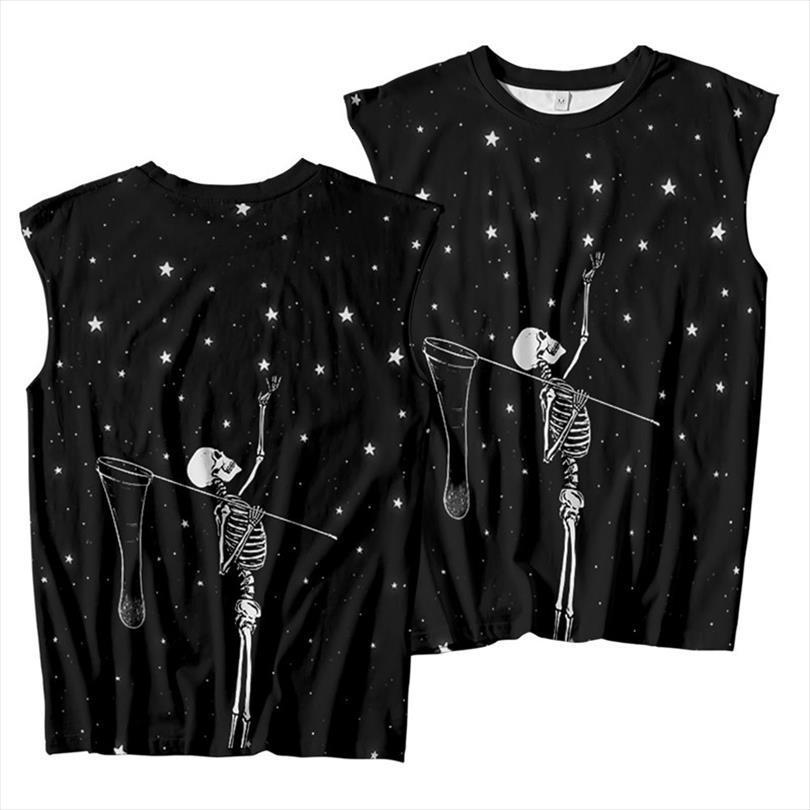 

couple women men skeleton star printed loose female male streetwear sports tanks tee costumes casual mesh vest, White;black