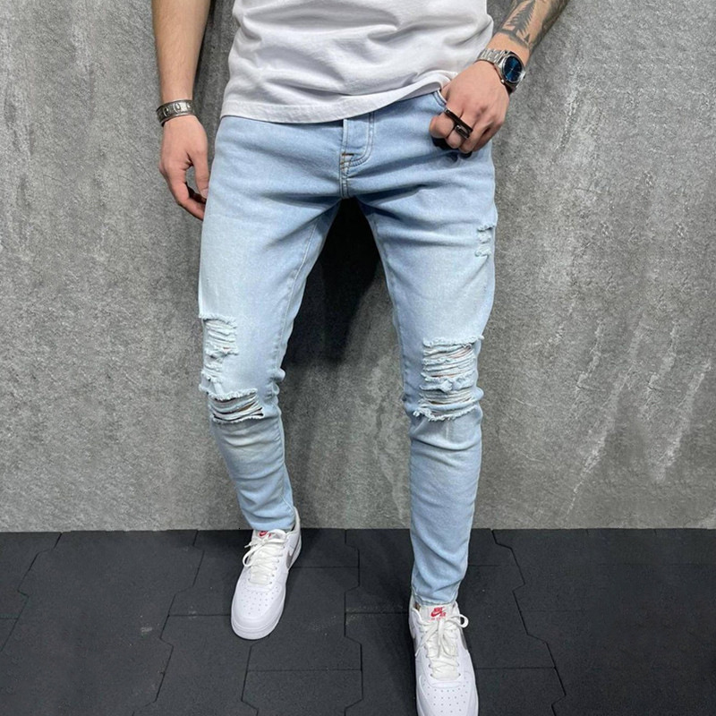 

jean fashion jeans 2021 men's korean version hole slim small leg pants, Blue