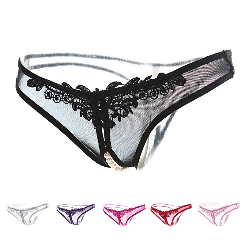 

Women's Panties Women Sexy Lace Bow Beading Temptation Transparent G-String & Thongs Erotic Pearl Lingerie Briefs Open Crotch, Purple