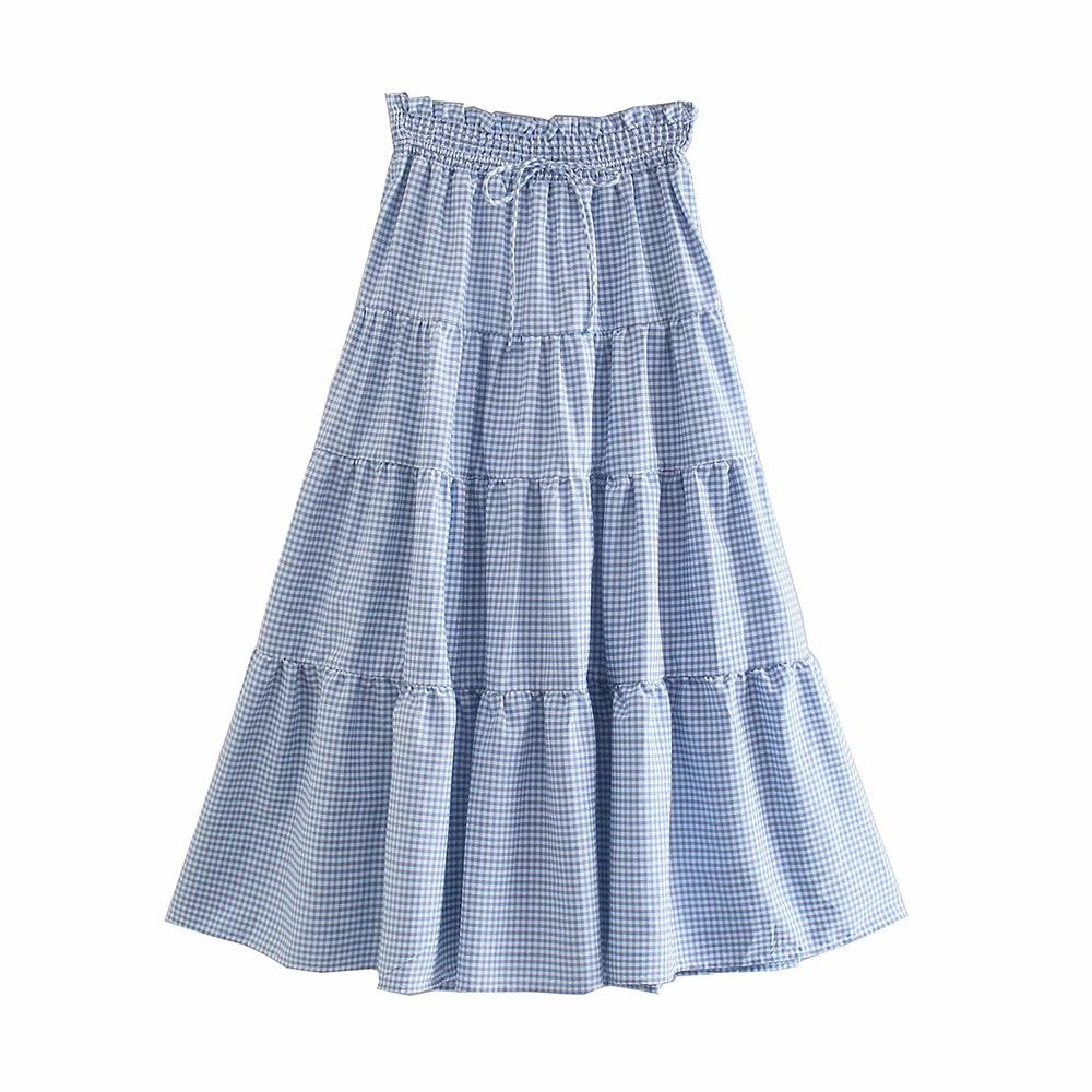 

BBWM Women Vintage Cotton Blue Plaid Pleats Casual A line Skirt Faldas Mujer Female Elastic Waist Lace Up Chic Vestido 210520