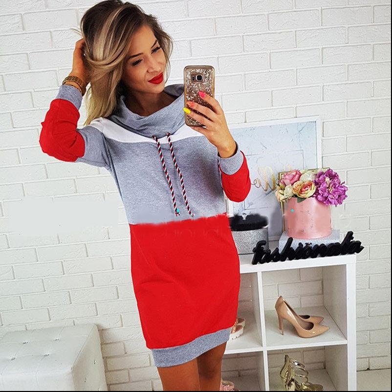 

casual women dress patchwork hoodie fashion autumn winter turtleneck long sleeve hooded mini vestidos, Black;gray