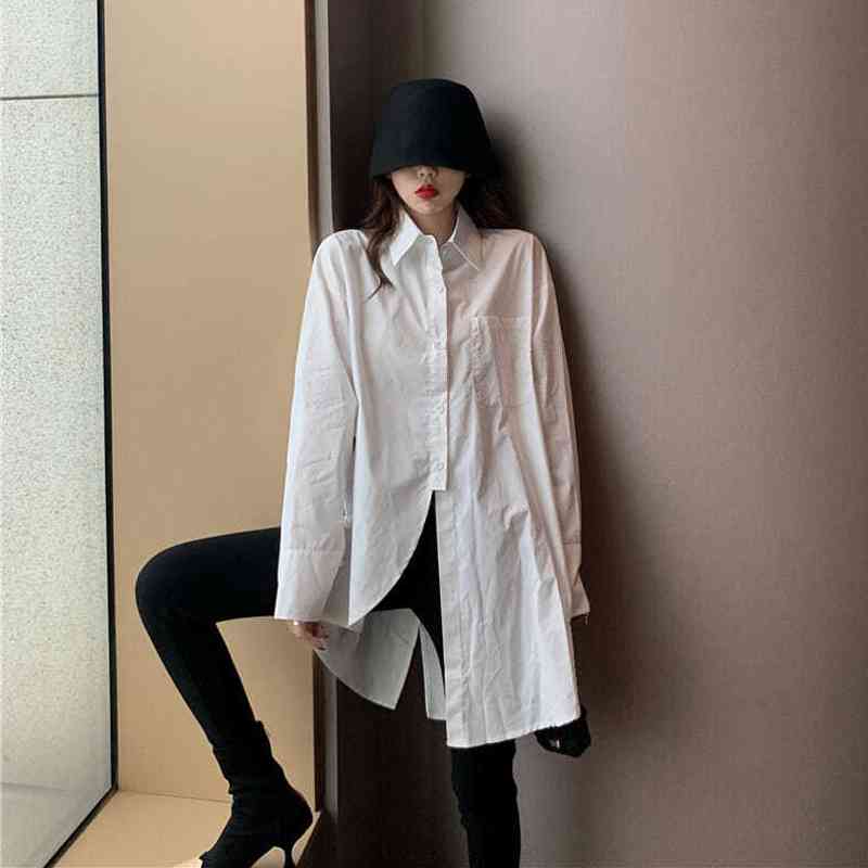 

Summer High Street Solid Color Women Blouse Tunic Shirt Long Sleeve Button Up Ladies Shirts Oversize Fashion Female Tops 210521, Random color