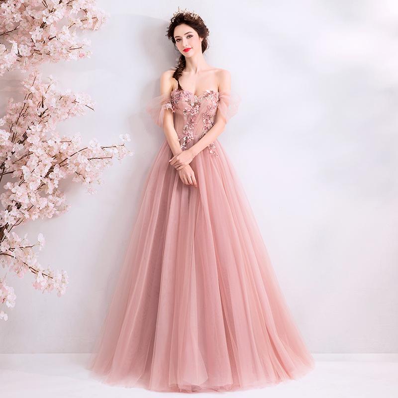 

Party Dresses Romantic Off The Shoulder Long Prom A-line Fairy Red Bean Powder Formal Dress 2021 Vestidos De Gowns, Picture color