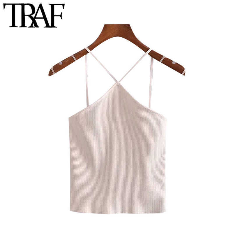 

TRAF Women Sexy Fashion Hollow Out Knitted Cropped Tank Tops Vintage Backless Thin Straps Female Camis Mujer 210616, As picture