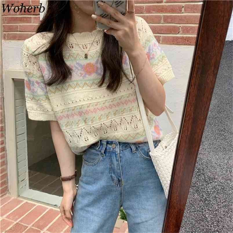 

Summer Knitted Floral Print Hollow Pullover Women Short Sleeve O-neck Knitwear Sweater Fashion Ladies Jumpers Femme 210519, Sleeveless