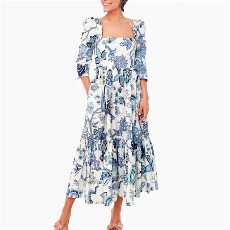 

blue hill floral midi women dresses puff sleeve summer ruffled cotton poplin elegant ladies chic, Black;gray
