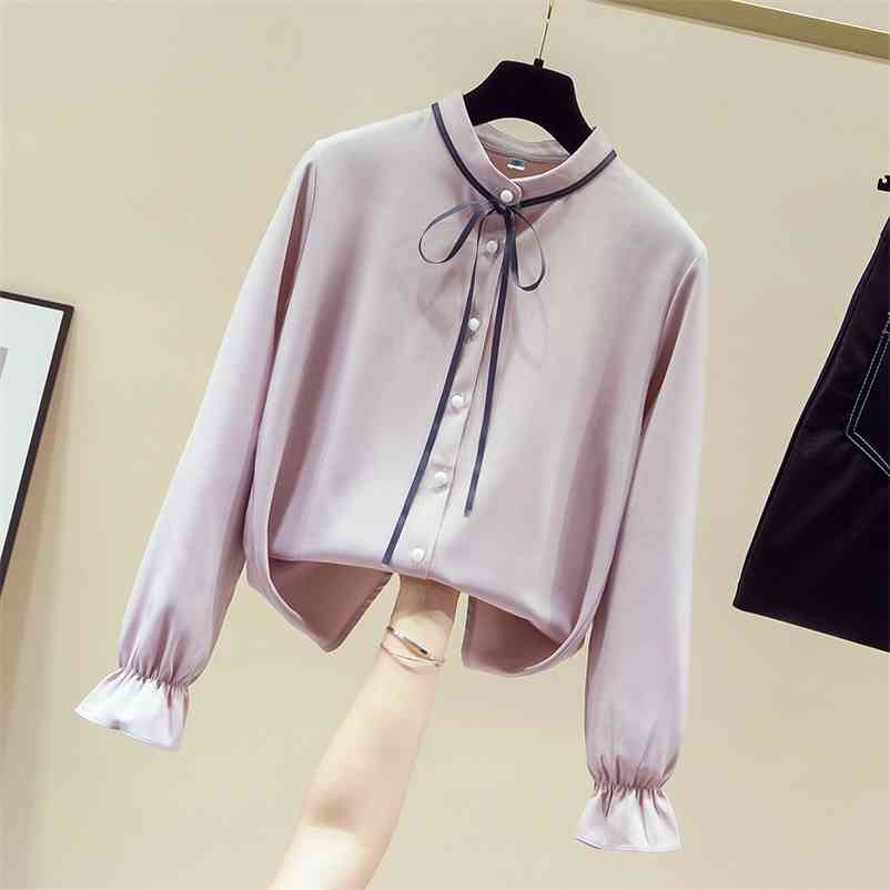 

Autumn Women's Bow Flare Long Sleeves Chiffon Shirt Ladies All-match Shirts OL Blouse Tops A3694 210519, Pink