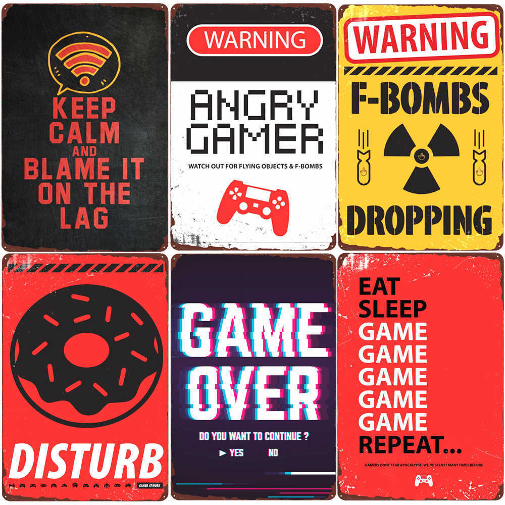 

Warning Angry Gamer Vintage Tin Sign Gaming Repeat Poster Club Home Bedroom Decor Eat Sleep Game Funny Wall Stickers Plaque N379 Q0723