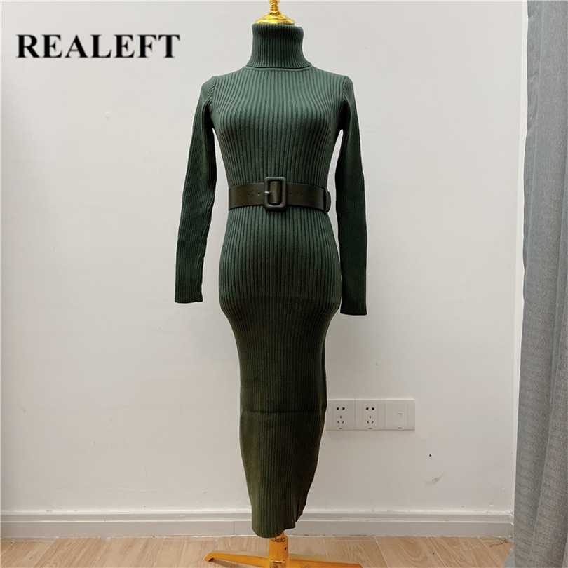 

REALEFT Winter Knitted Dress with Belt Pink High Waist Basic Long Sleeve Sheath Bodycon Sexy Midi Sweater Female 211110, Gray