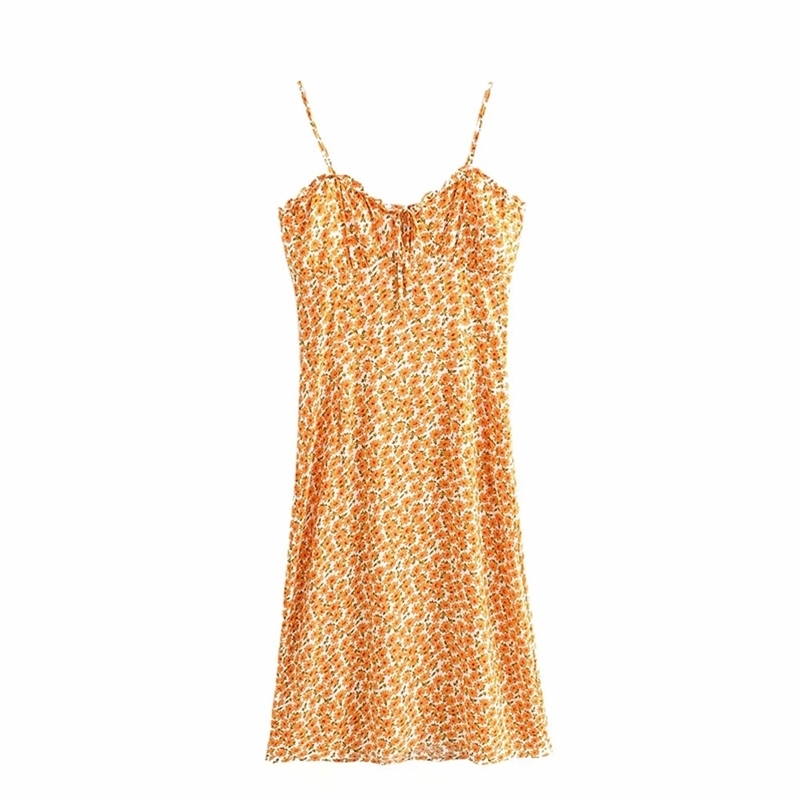 

women summer Spaghetti Strap Slim dress small orange floral printed V-neck sleeveless long sling fashion 210524