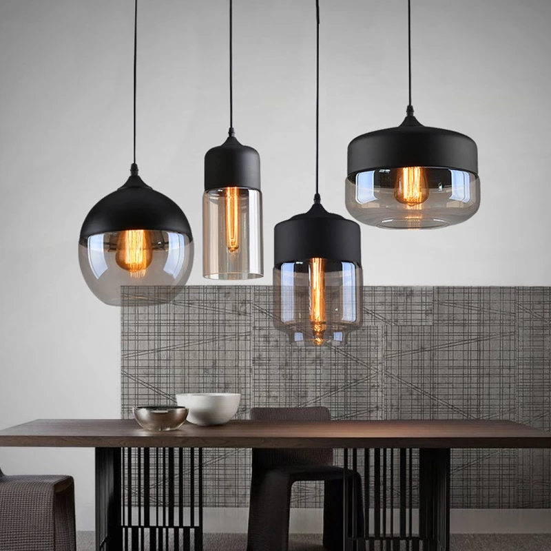 

Glass Dinning Room Pendant Lamp Industrial Edison E27 Bulbs Fixture Black White Led Chandelier for Cafe Restaurant Le-185