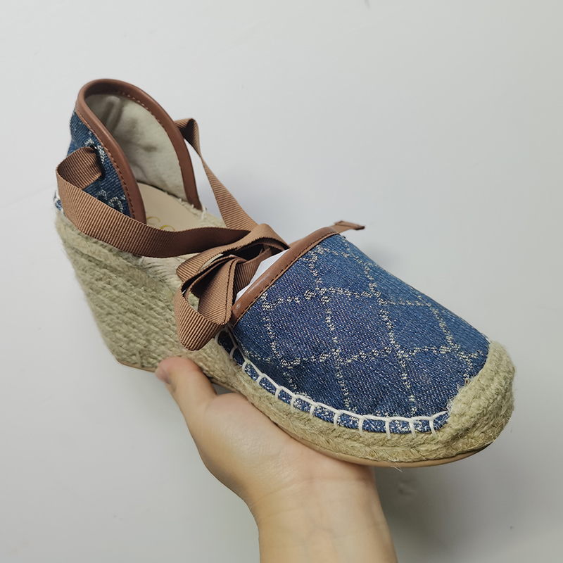 

Women Platform Espadrilles Open-toe Shoes Blue Canvas Heel Heels Designer Wedge Sandals matelassé Light Weight Calfskin Shoe Twine Weave Laces-up with box, Color 2