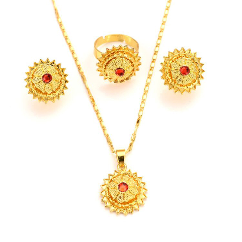 pendant ring earrings Arrival Solid Fine Gold G/F CZ Jewelry sets chain With Red Stone African Gift Habesha-image-675733441