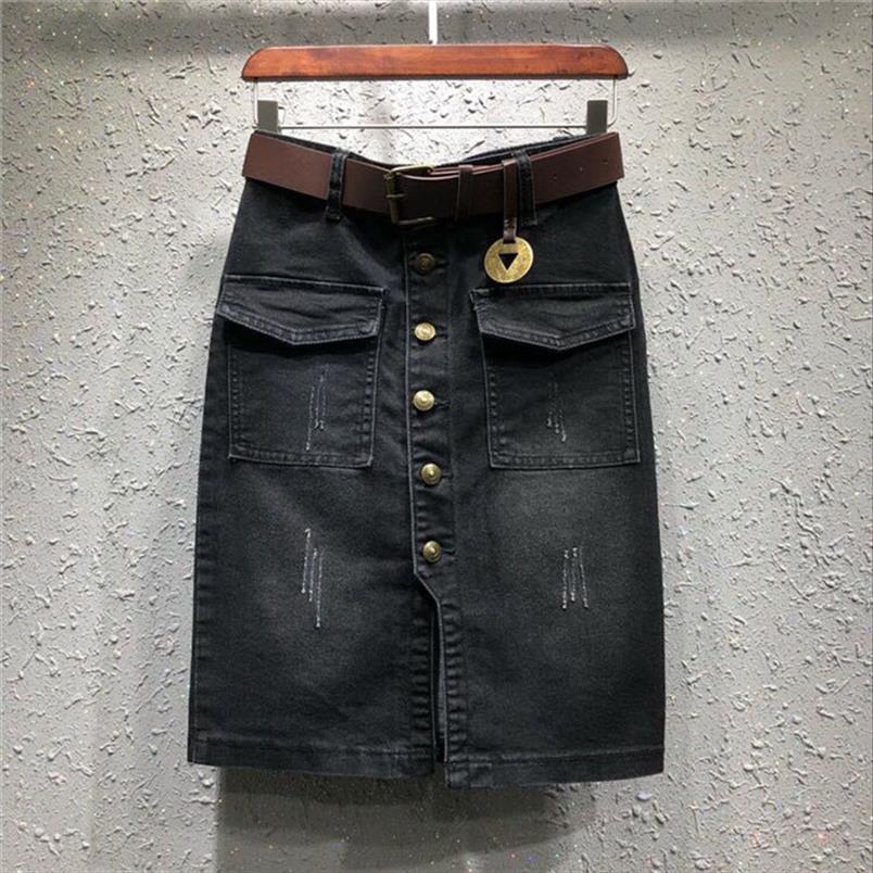 

4xl 5xl denim pockets women skirt belt black knee length straight female casual fashion quality