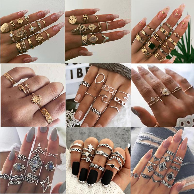 

Wedding Rings For Women Engagement Ring Bohemia Vintage Gold Star Moon Jewelry Sets Crystal Geometric Finger Accessories