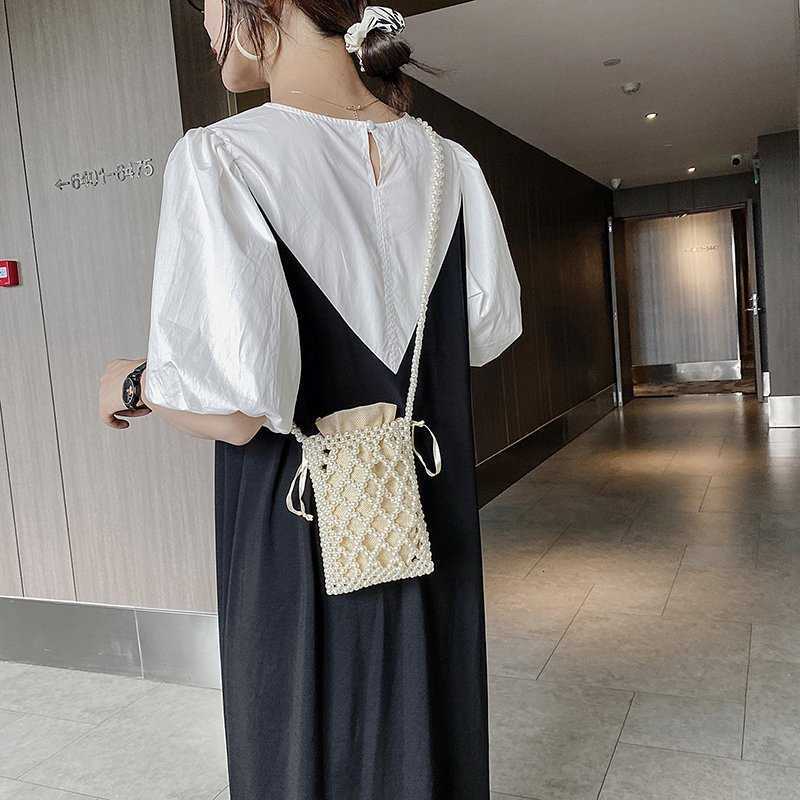 

Beaded 2021 Pearl Girl's Hollowed Out Temperament Foreign Style One Shoulder Slung Lovely Lady Fashion Bag, Beige