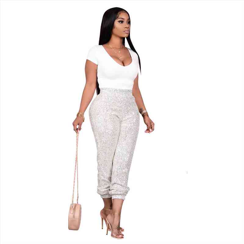 

women sequin jogger pants solid color simple stylish glitter elastic waist hip hop skinny pants clubwear, Black;white