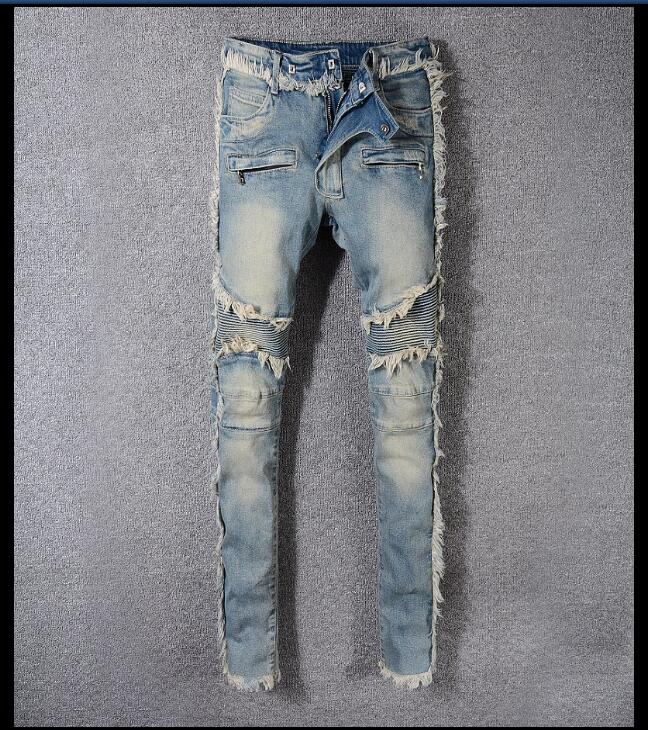 

Designer Ripped Fashion Balm paris JEANS Fluff edge New Hole patch balman classic men's slim Leggings middle waist Pencil Pants dress2017, Blue