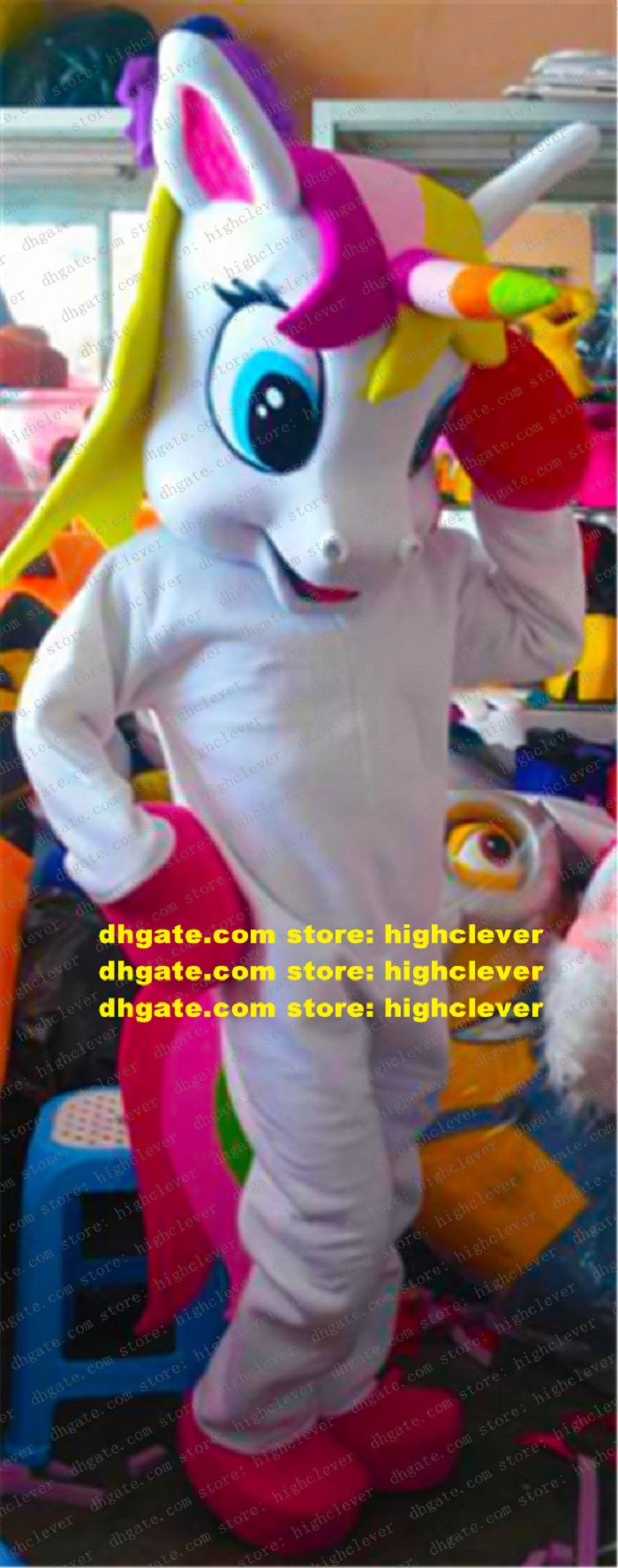 

Lovely Unicorn Flying Horse Rainbow Pony Mascot Costume Adult Character Classic Giftware Amusement Park CX4027 Free Ship, As in photos