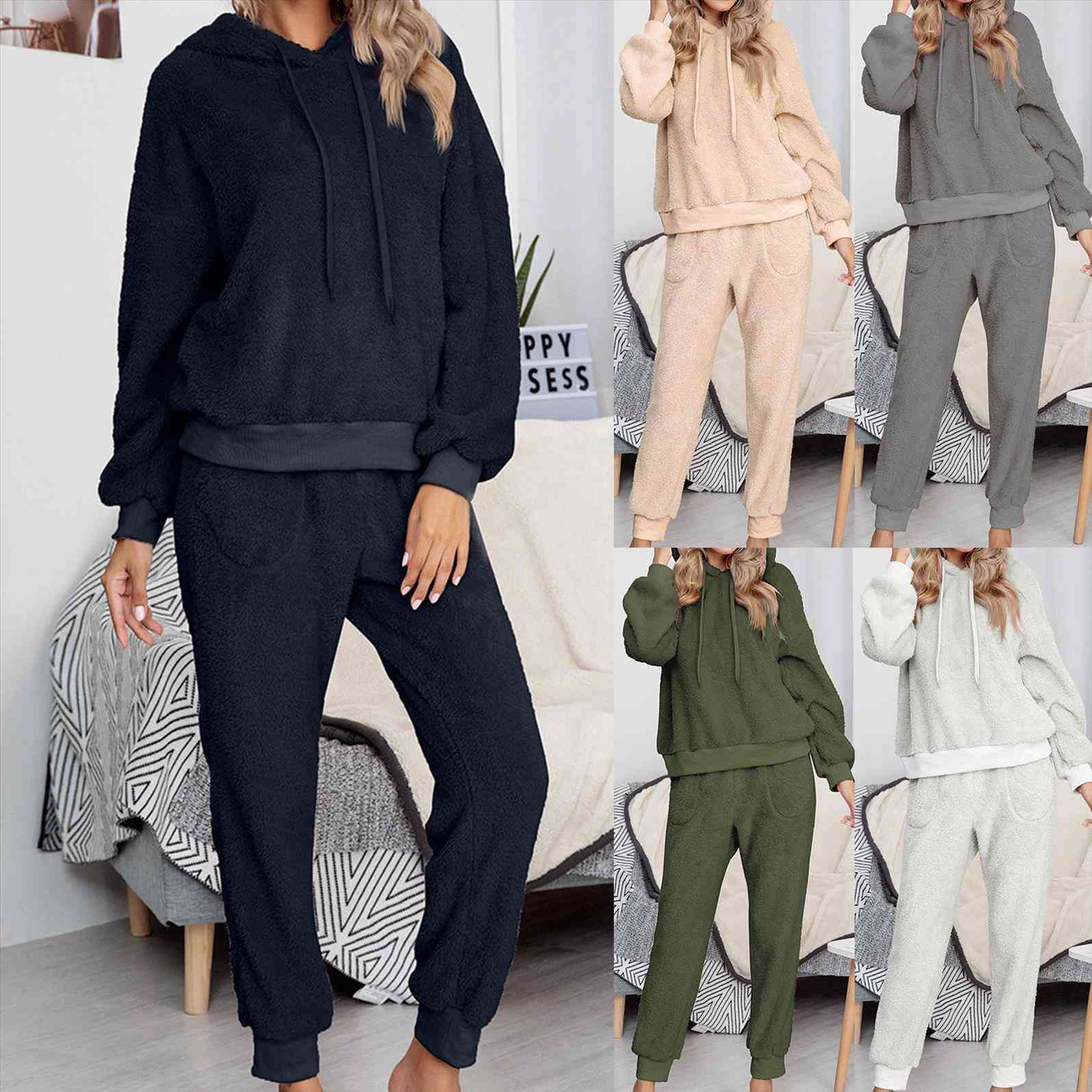 

autumn winter fleece hoodies two womens pants piece set tracksuits jogger thick warm clothes solid color jacket suit, White