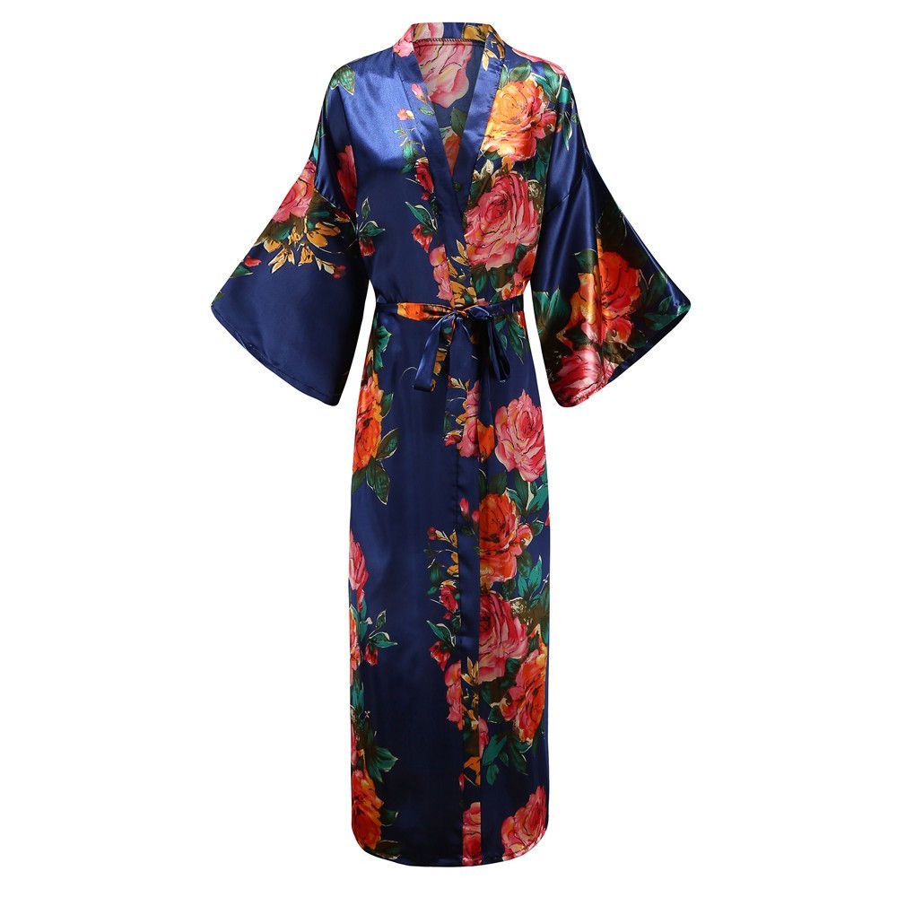 

Sexy Lounge Casual Nightdess For Women Sleepwear Female Loose Print Flower Kimono Bathrobe Royal Blue Long Robe Gown With Belt, White b