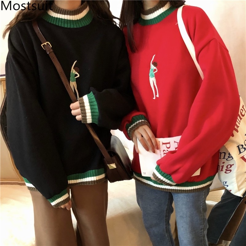 

Winter Korean Thicken Embroidered Women Sweatshirts Pullovers Long Sleeve Stand Collar Fashion Casual Loose Tops Sweatshirt 210518, Black