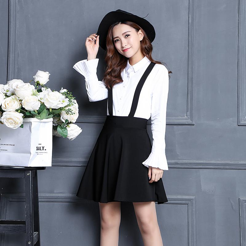 

Skirts 2021 Lady Casual Suspend Skirt Summer Chiffon Strap Mini College A-Line Preppy Style Pleated High School, Black