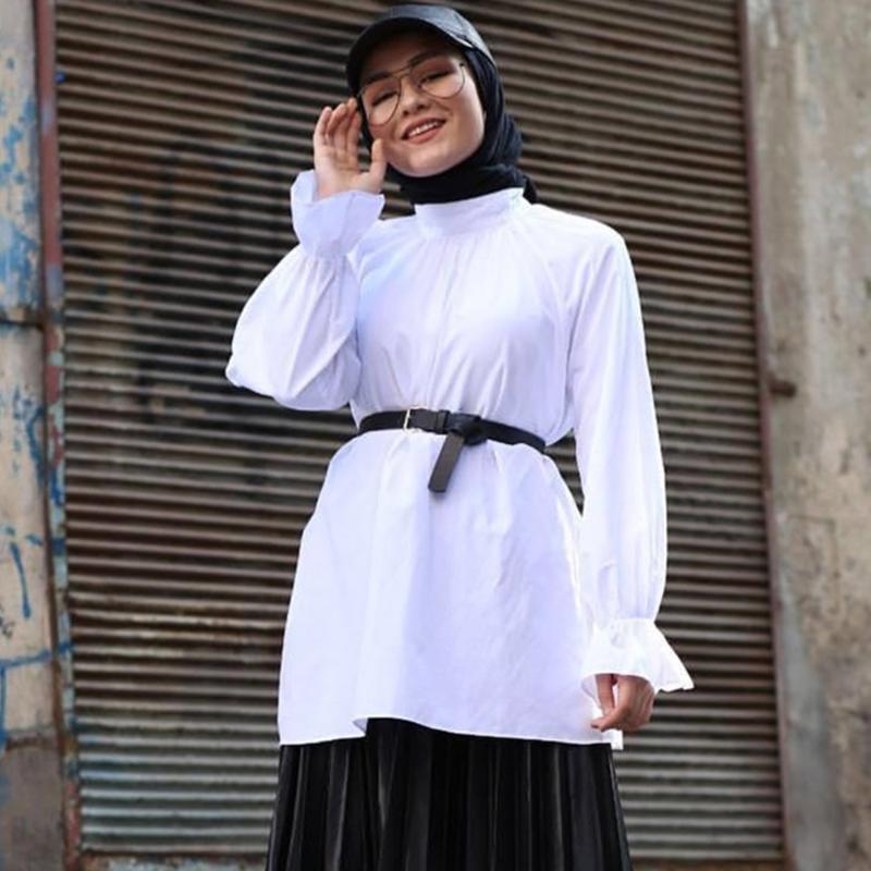 

Ethnic Clothing White Shirt Muslim Women Turtleneck Flare Long Sleeve All Match Loose Indie Folk Arabian Turkish Tops Female
