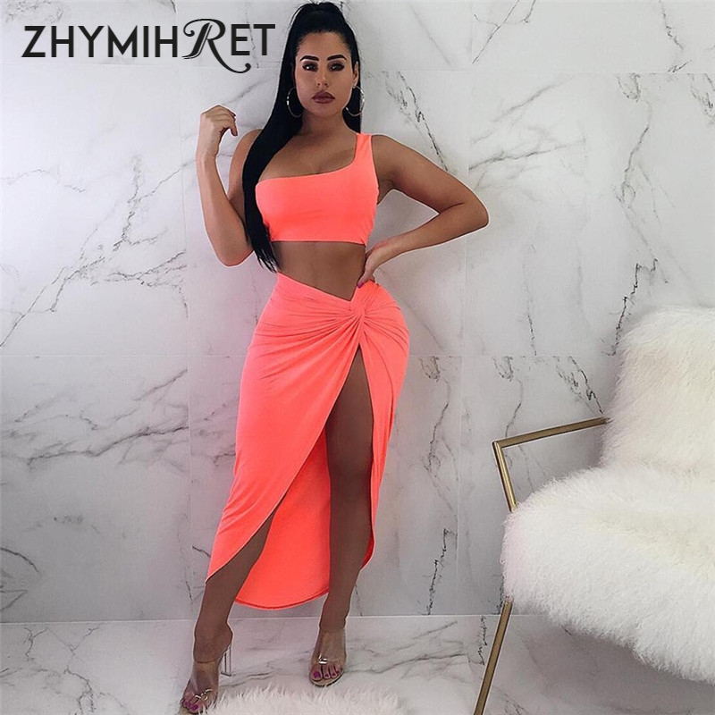 

ZHYMIHRET 2021 Summer Neon Color Two Piece Set Dress For Women One Shoulder Tops Side Ruched High Split Dress Bandange Vestidos, Black