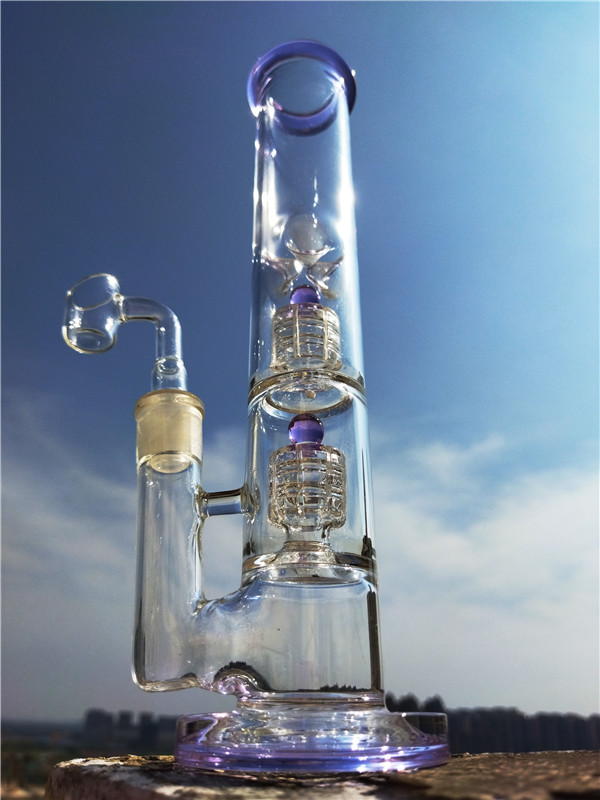 

Purple Tube Bong Double Matrix Perc Glass Bong Recycler Dab Rig Smoking Hookah with Ice Holder 14mm Joint Banger Glass Water Bongs