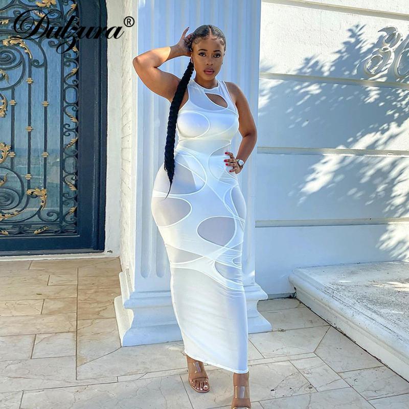 

Dulzura Patchwork Women Sleeveless Midi Dress Bodycon Hollow Out Sexy Streetwear Party Club 2021 Summer Festival Clothes Casual Dresses, Black;gray