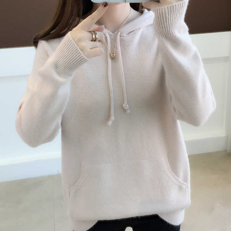 

autumn Korean version of loose solid color long-sleeved sweater fashion hooded collar women's casual 210527