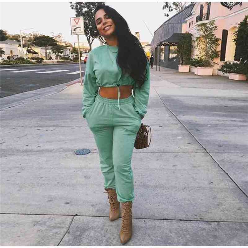 

Green Two Piece Set Crop Top Pants Pullover Tracksuit Autumn Women Outfits Casual Female Clothes Sports Matching Sets 210603, Gray
