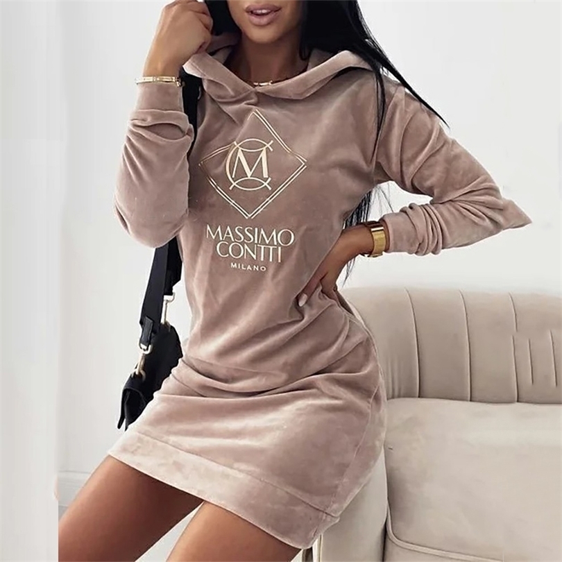 

O-neck Loose Dress Autumn Women's Fashion Hooded Letter Printing Long-sleeve Sweater Casual Sports Drawstring 211110, 01 khaki